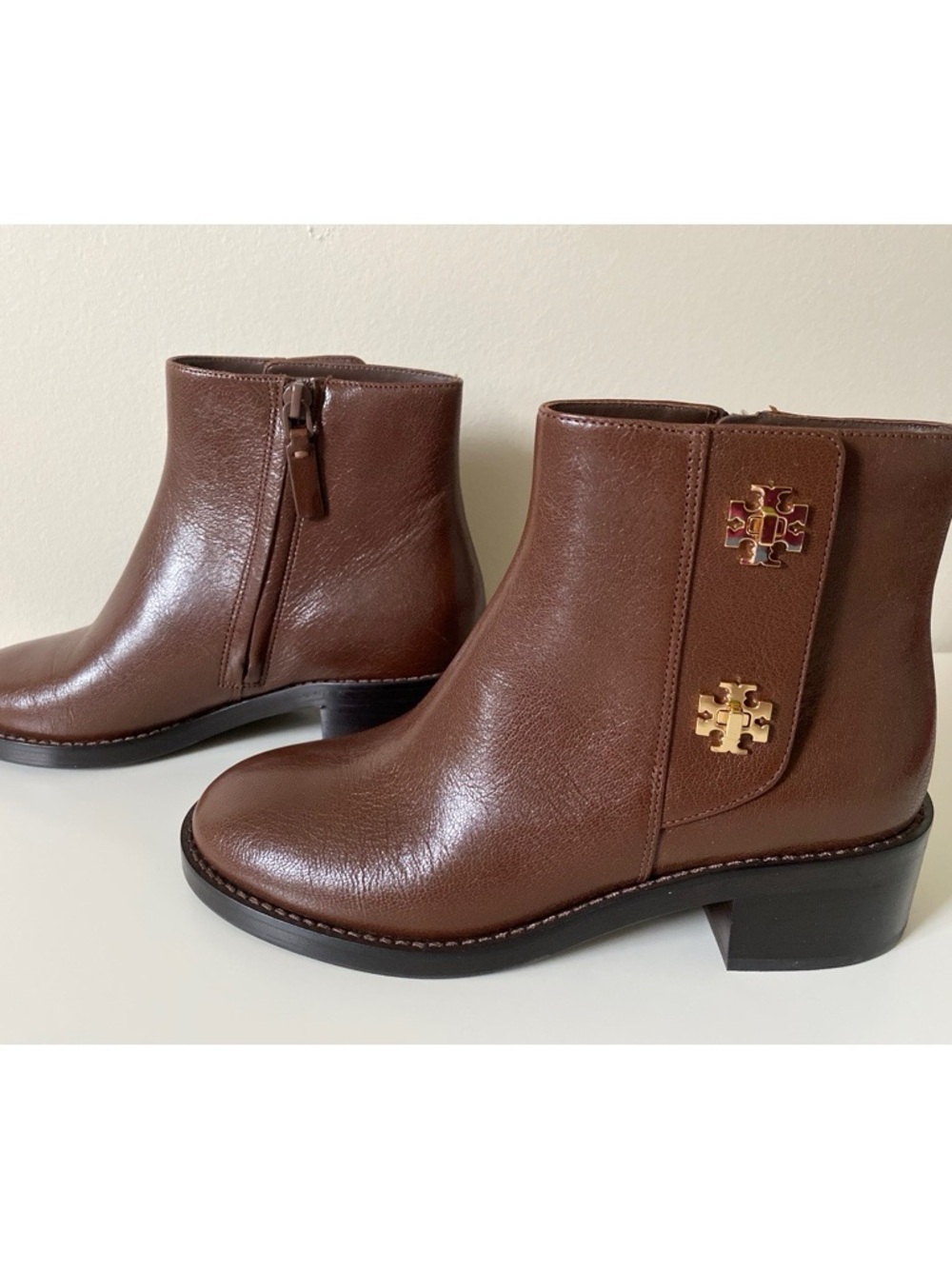 Tory Burch Cocoa Brown T-Lock Goat Leather Ankle Boots 35mm